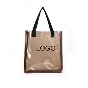 Custom Reusable ladies shopping shoulder bag logo print Big jelly clear pvc summer beach bag tote transparent with long handle