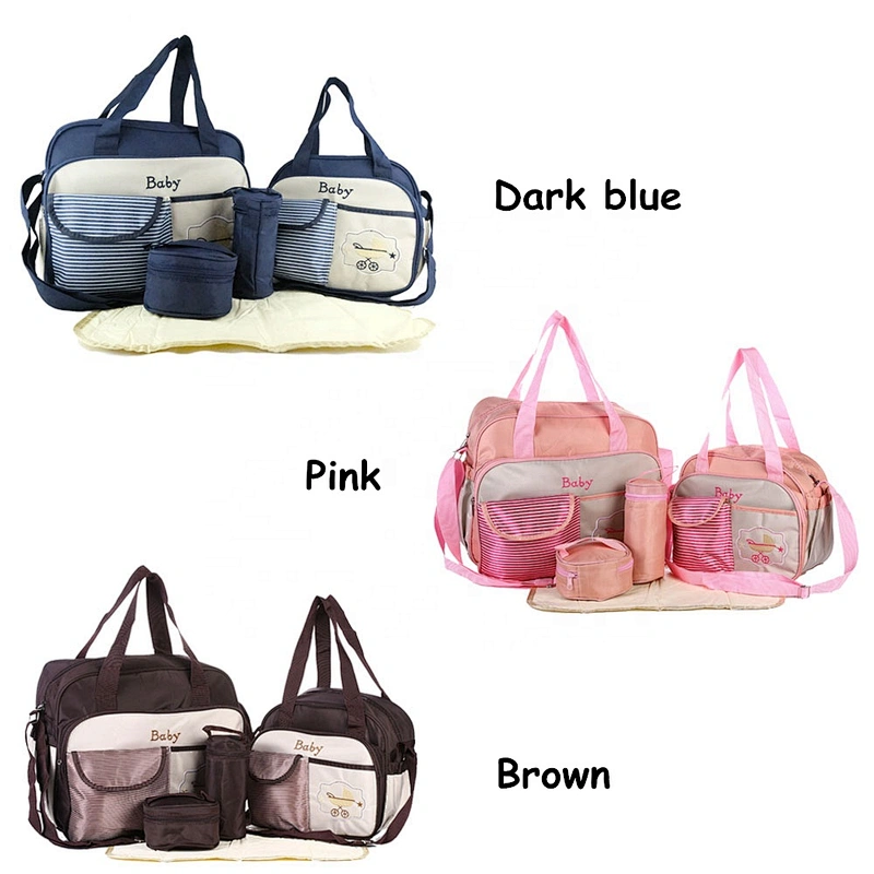 Multifunctional Fashion Mummy Maternity Bag 5 Pieces Set Polyester Baby Diaper Bag With Changing Pad