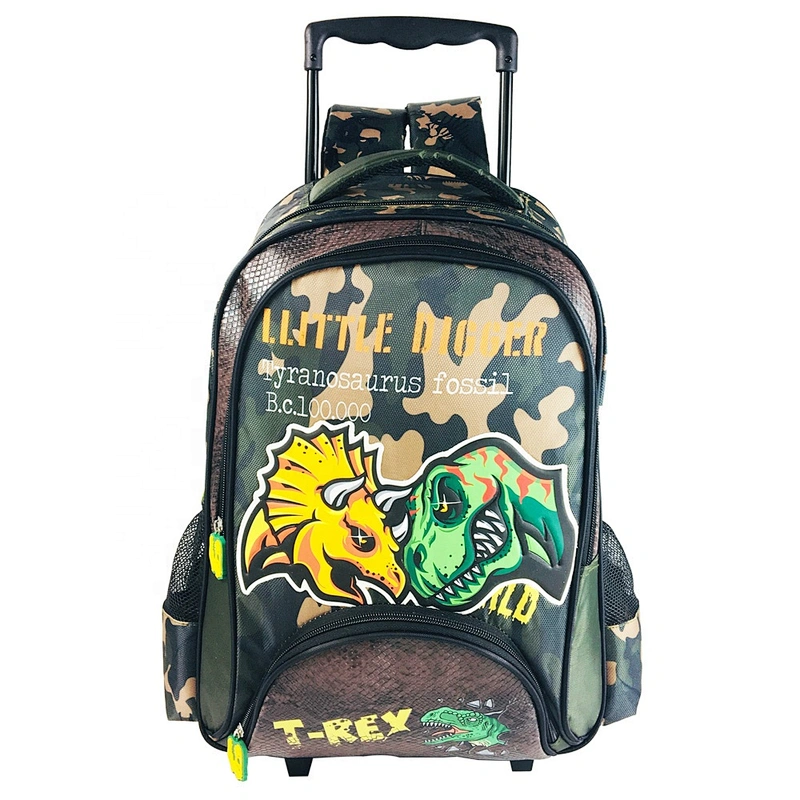Dinosaur design Wholesale 3 pcs in one set kid Trolley School Bags with wheels + Lunch bag + pencil case