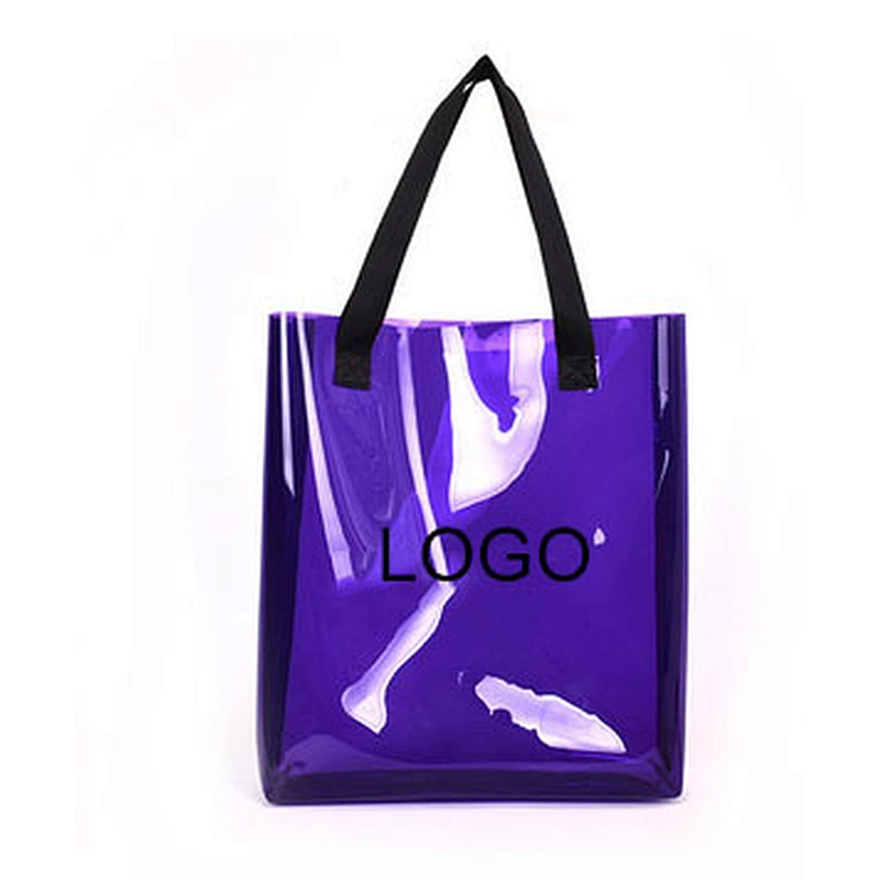 Fashion ladies shopping shoulder bag logo print Big pvc summer beach bag tote transparent with long handle