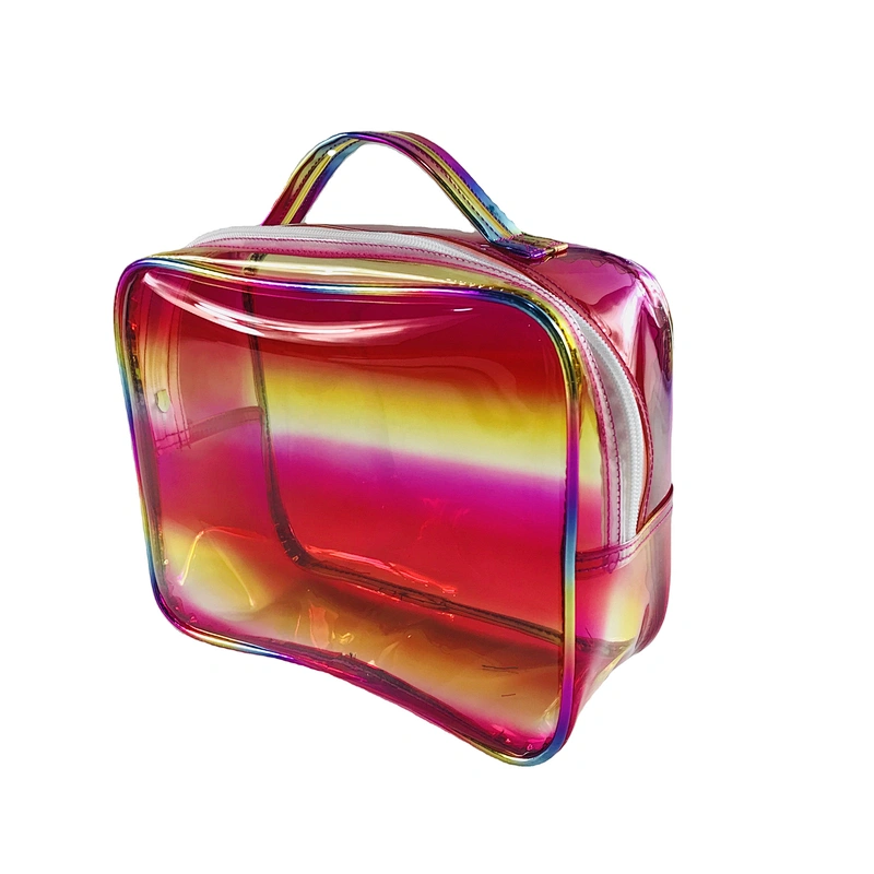 OEM/ODM Waterproof shiny rainbow pvc clear transparent Women Travel Makeup Organizer Cosmetic bag basket Case Bags with handles