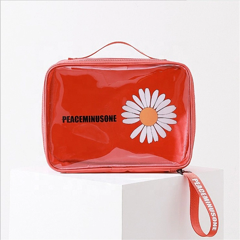 Low MOQ custom Logo clear transparent holographic makeup bag make up pouch pvc cosmetic bags for women