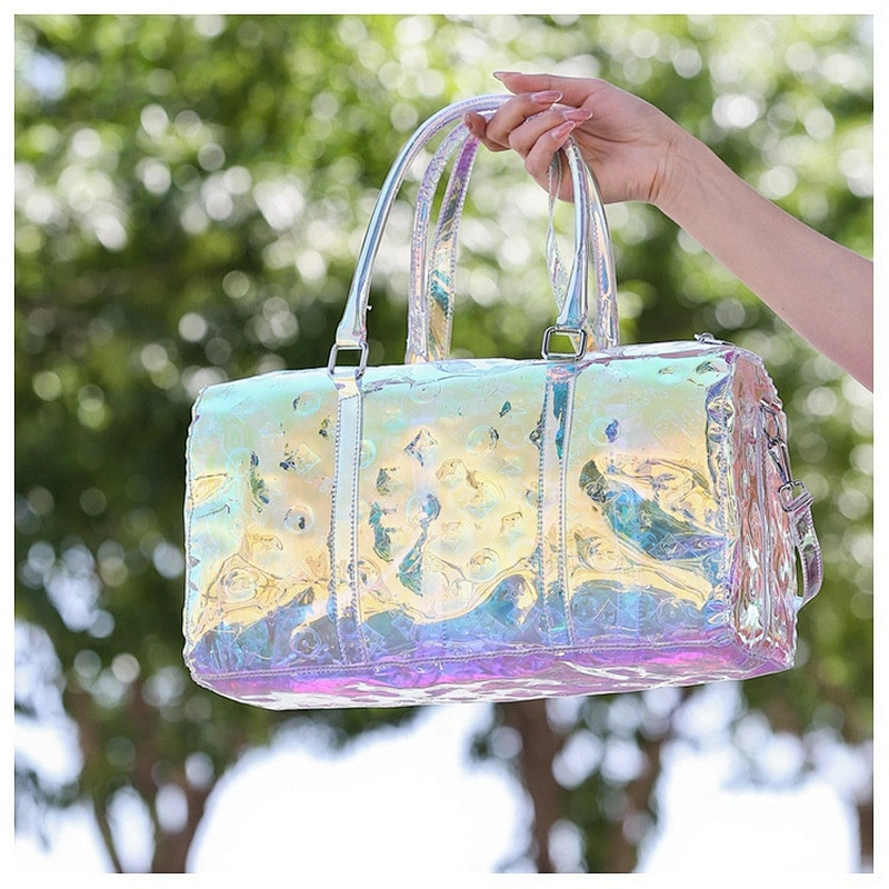 Custom Logo Travel Holographic Duffel Bag Waterproof Women Men Gym Bag transparent holographic jelly pvc travel duffel bag