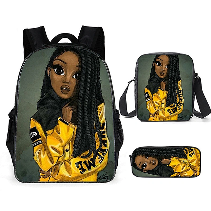 Children School Bags Black Art African Girl Printing 3pcs/set School Bag for Kids School Bagpack Teenagers Book Bags Set