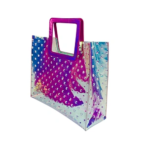 2020 candy holographic shoulder clear jelly fashion tote TPU PVC shopping bag beach bag transparent handbags with leather trim