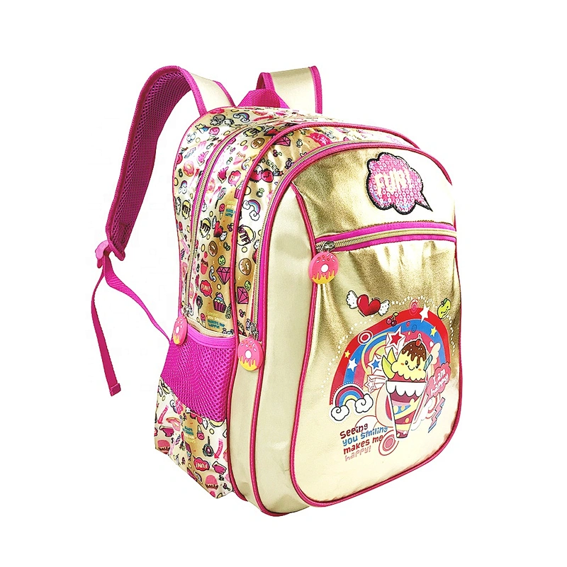 New design high quality student bag backpack golden backpack leather school bags for girls with fantasy fabric