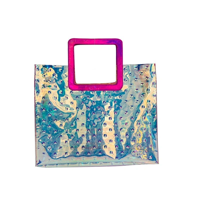 2020 candy holographic shoulder clear jelly fashion tote TPU PVC shopping bag beach bag transparent handbags with leather trim