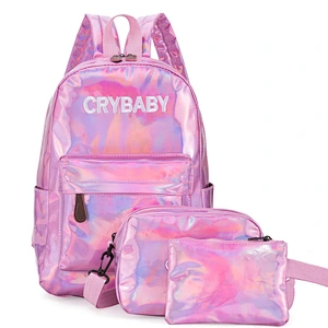 Girl's Sliver Holographic 3pcs Backpacks setLaser Leather Bags School Bookbag Travel Casual Daypacks