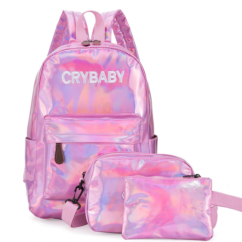 Girl's Sliver Holographic 3pcs Backpacks setLaser Leather Bags School Bookbag Travel Casual Daypacks