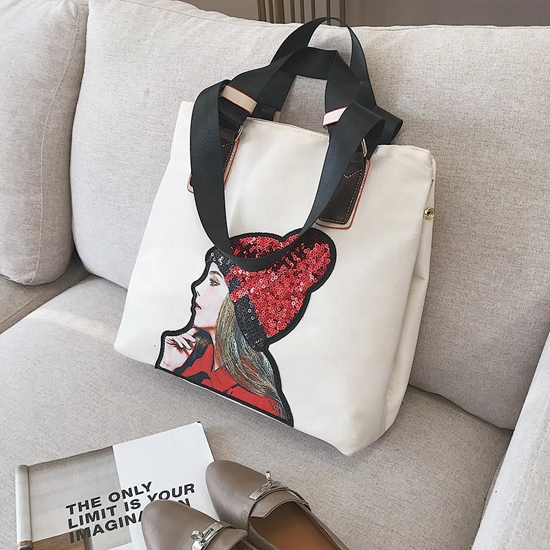 New Korean version of handbag with large capacity sequins cat fashion cartoon single shoulder bag shopping bag travel bag