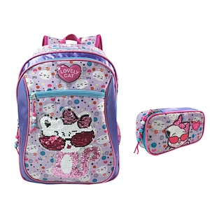 Fashionable primary student small custom logo shiny sequin kids 2 pieces set backpack girl school bags for girls