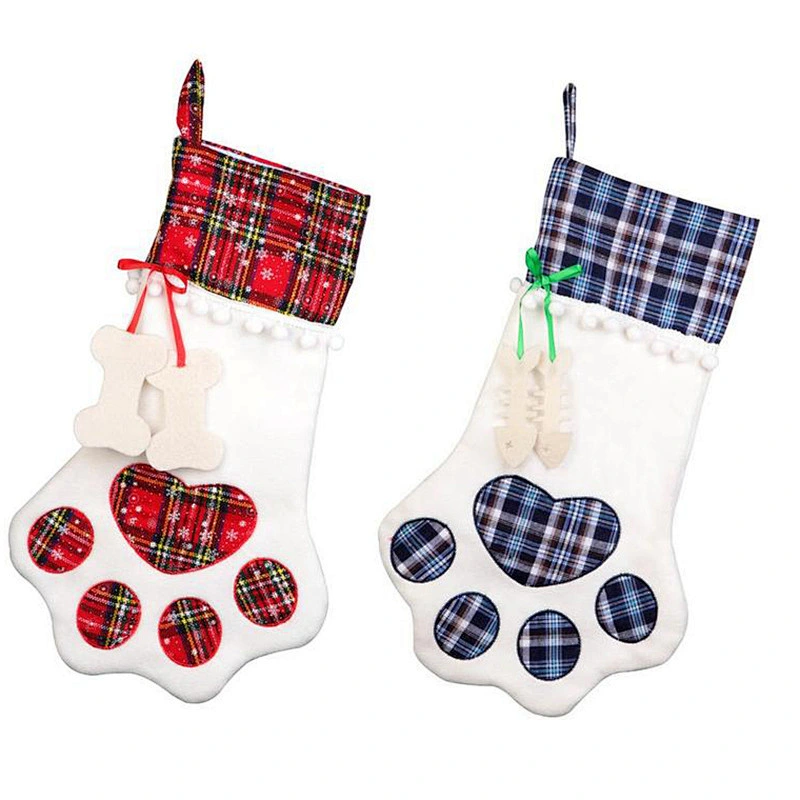 Fast delivery Cat Dog Pets Stockings Christmas Large Plaid Dogs Paw Hanging Christmas Decorations supplies Christmas Stocking