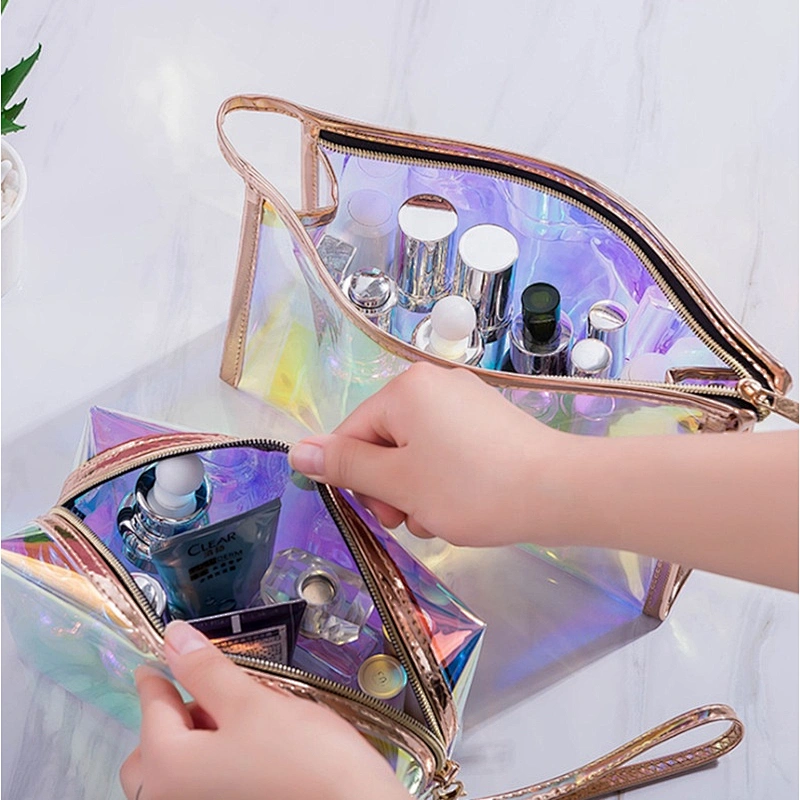 2020 Hot Selling New arrival custom logo hanging laser tpu travel toiletry bag Zipper bolsas y ojeras Makeup Bag pouch