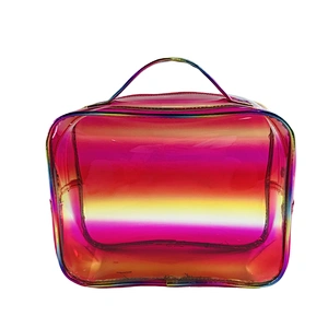 OEM/ODM Waterproof shiny rainbow pvc clear transparent Women Travel Makeup Organizer Cosmetic bag basket Case Bags with handles