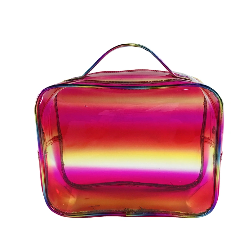 OEM/ODM Waterproof shiny rainbow pvc clear transparent Women Travel Makeup Organizer Cosmetic bag basket Case Bags with handles