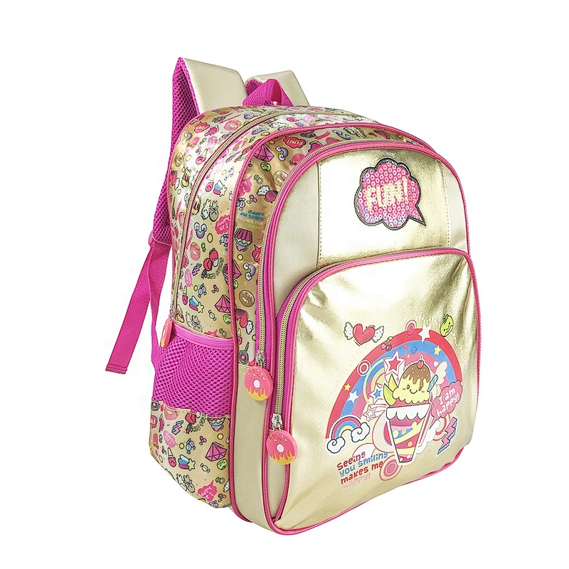 Popular factory high quality student backpack golden backpack leather children school bags for girls kids with fantasy fabric