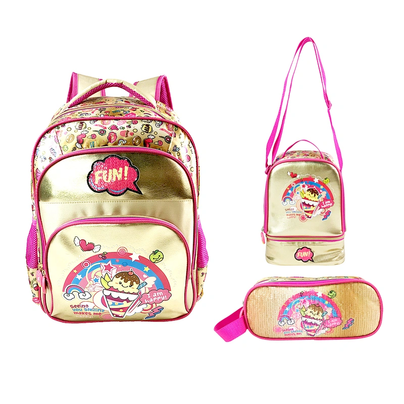 high quality 3 in 1 set student bag backpack golden backpack leather children school bags for girls kids with fantasy fabric