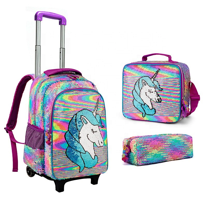 cute sequin detachable trolley backpack 3 pcs children school bags sets sac ecole licorne unicorn school trolley bag for girls