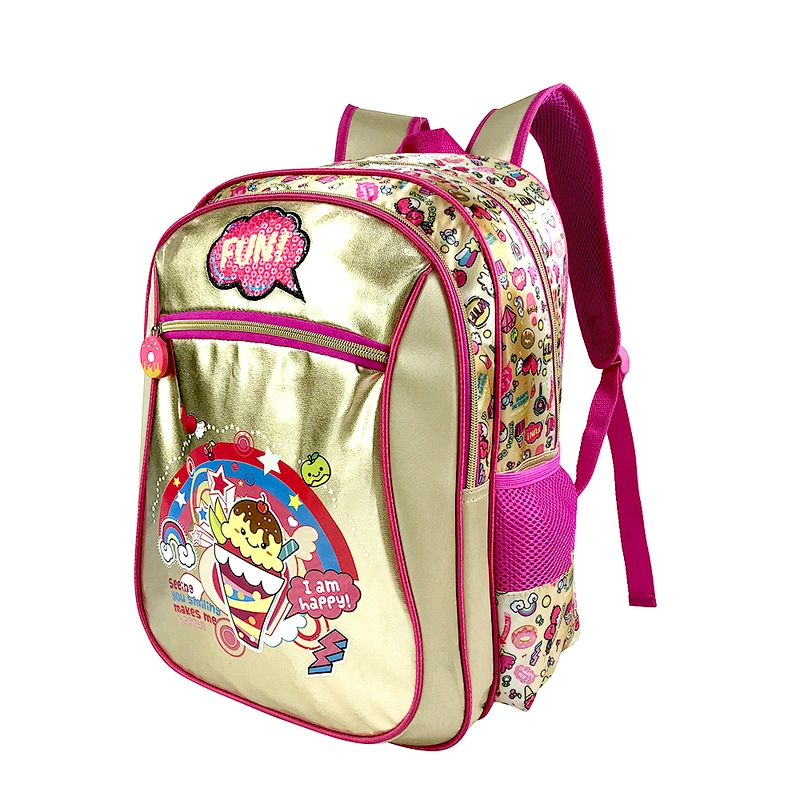 New design high quality student bag backpack golden backpack leather school bags for girls with fantasy fabric