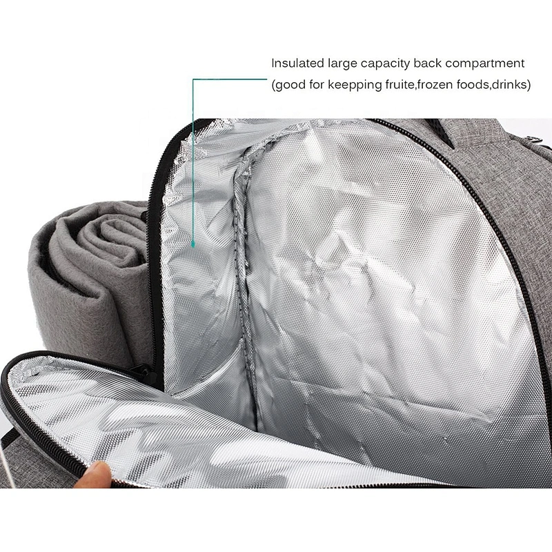 Waterproof Picnic bag Cooler Backpack for 4 Person with Cutlery Set Cooler Compartment Detachable Bottle Wine Holder Blanket
