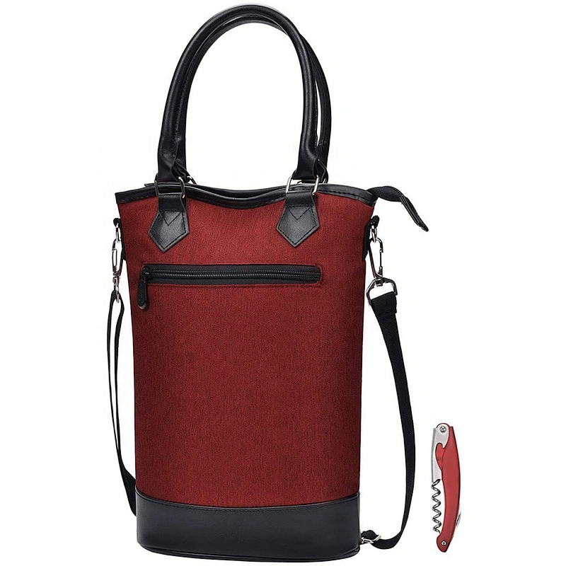 Insulated Single Bottle Wine Tote Carrier Travel Cooler Bag Purse Leather Handles