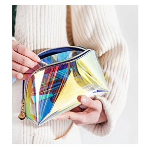 Low MOQ Custom Logo New Fashion Transparent Laser Cosmetic Pouch Luxury Print Clear Holographic Makeup bag Cosmetic Bags