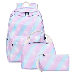 2020 Trending green strips 3 in One set school bags sets fancy teenage backpack lunch bag pencil case wallet for girls