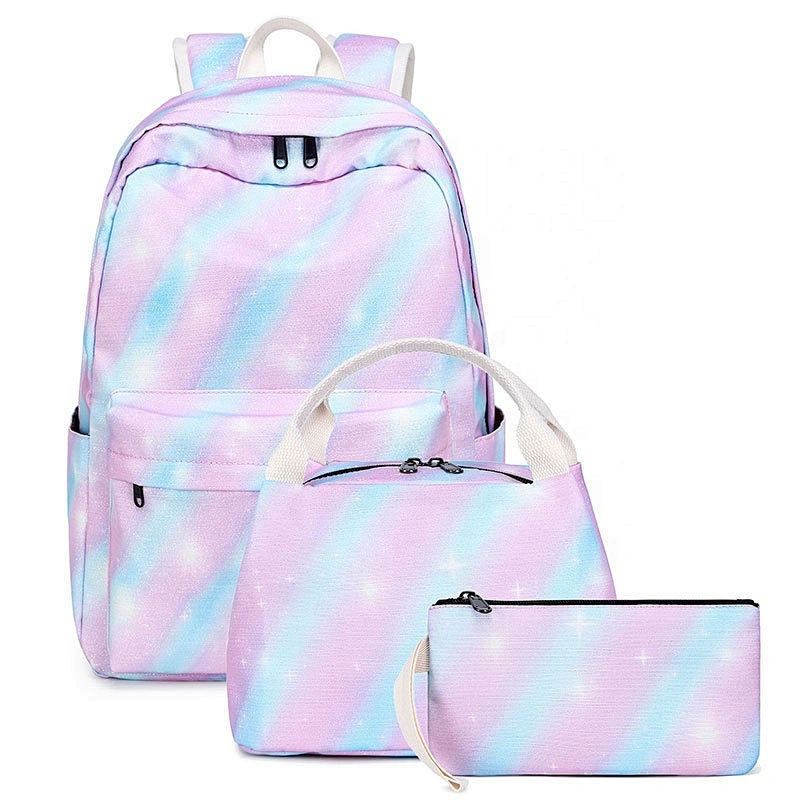 2020 Trending green strips 3 in One set school bags sets fancy teenage backpack lunch bag pencil case wallet for girls