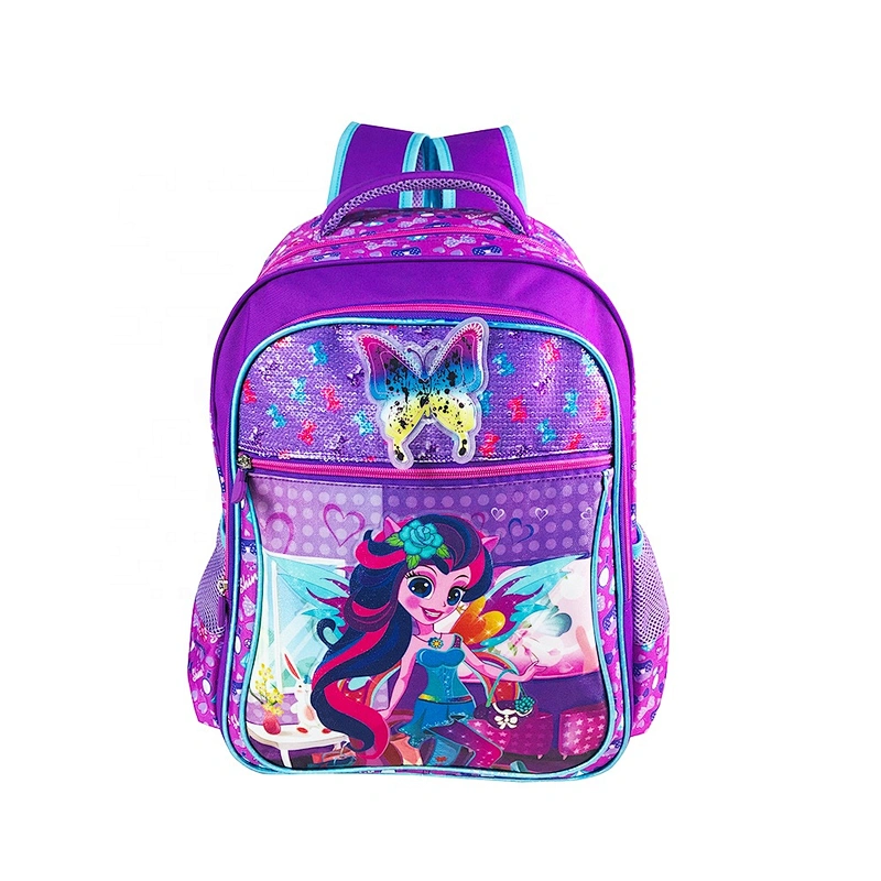 Popular factory high quality student backpack golden backpack leather children school bags for girls kids with fantasy fabric