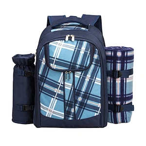 Picnic Backpack Cooler Bag for 2 Person with Cooler Compartment, Detachable Bottle Wine Holder Fleece Blanket Plates and Cutlery