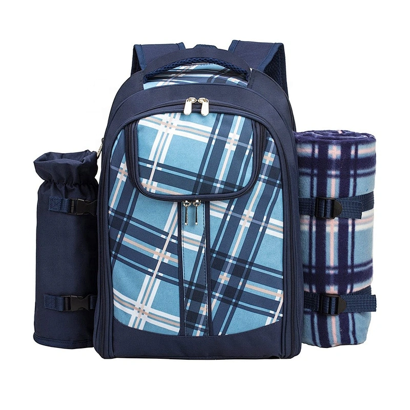 Picnic Backpack Cooler Bag for 2 Person with Cooler Compartment, Detachable Bottle Wine Holder Fleece Blanket Plates and Cutlery