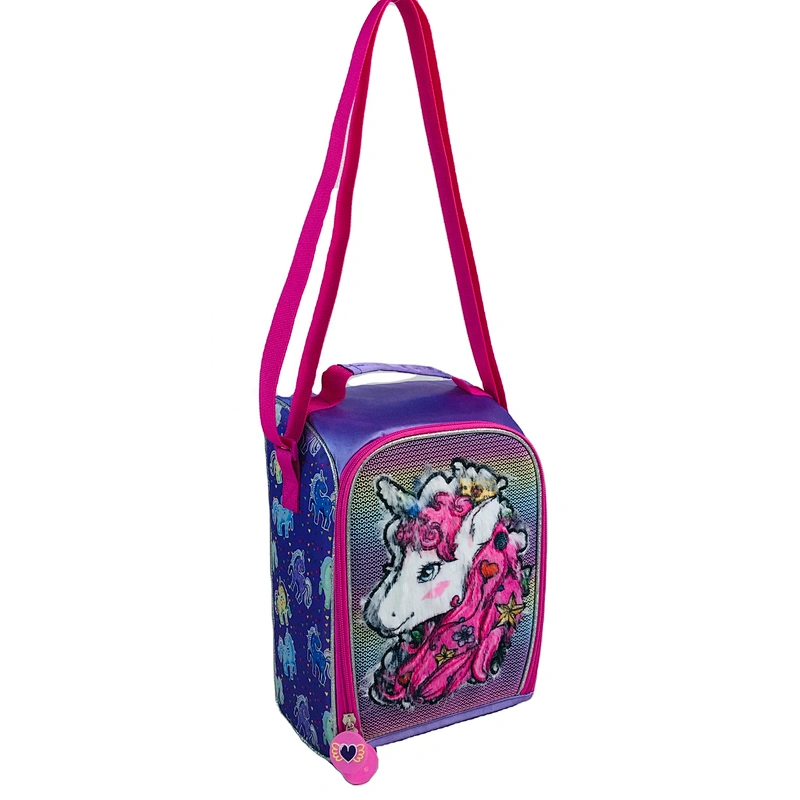 Fashion shiny holographic unicorn long hair plush material Insulated Lunch Cooler Bags Box Backpack For Kids