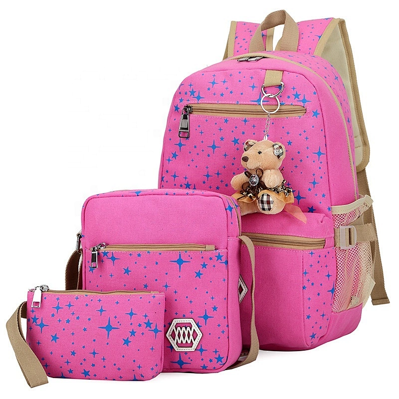 Fancy 3PCS Bear design Canvas Daypack Casual School Bag for Girls Middle High School Backpack Set Children's s School bag set