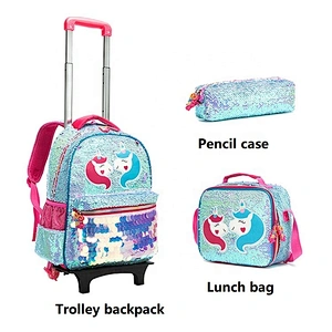cute sequin detachable trolley backpack 3 pcs children school bags sets sac ecole licorne unicorn school trolley bag for girls