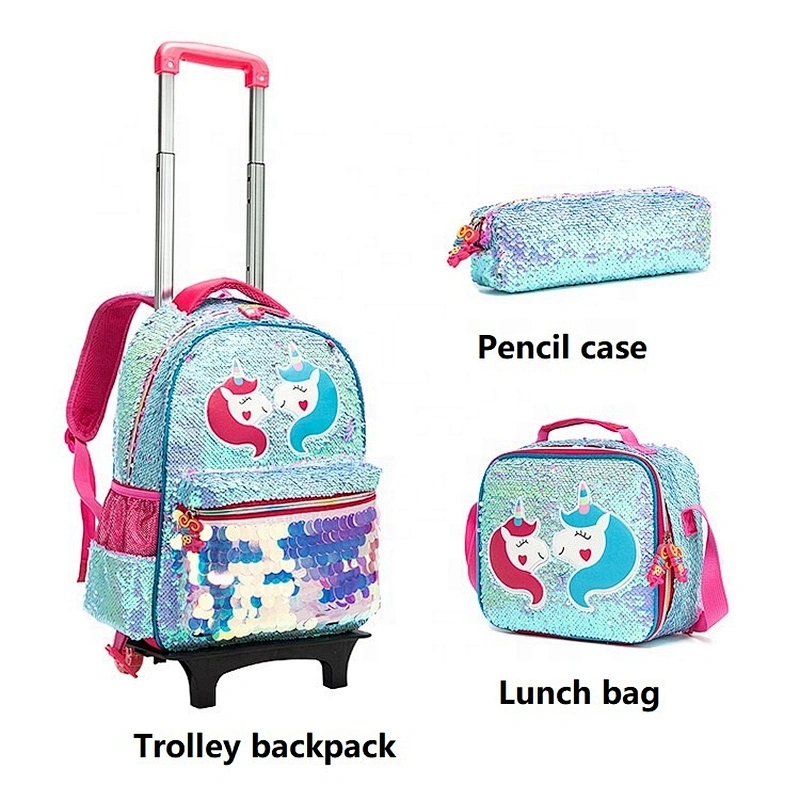 cute sequin detachable trolley backpack 3 pcs children school bags sets sac ecole licorne unicorn school trolley bag for girls