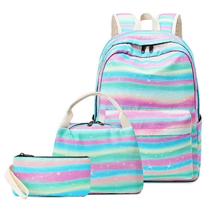 2020 Trending green strips 3 in One set school bags sets fancy teenage backpack lunch bag pencil case wallet for girls
