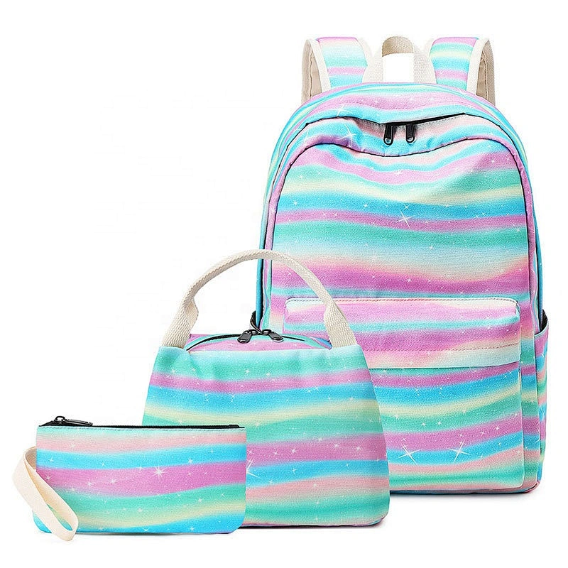 2020 Trending green strips 3 in One set school bags sets fancy teenage backpack lunch bag pencil case wallet for girls