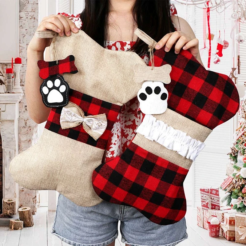 Fast delivery Cat Dog Pets Stockings Christmas Large Plaid Dogs Paw Hanging Christmas Decorations supplies Christmas Stocking