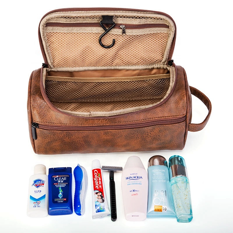 2Pcs/set PU Leather Vintage Luxury Cosmetic Bag Hanging Zipper Makeup Case Women Men Travel Toiletry Wash Makeup Bag