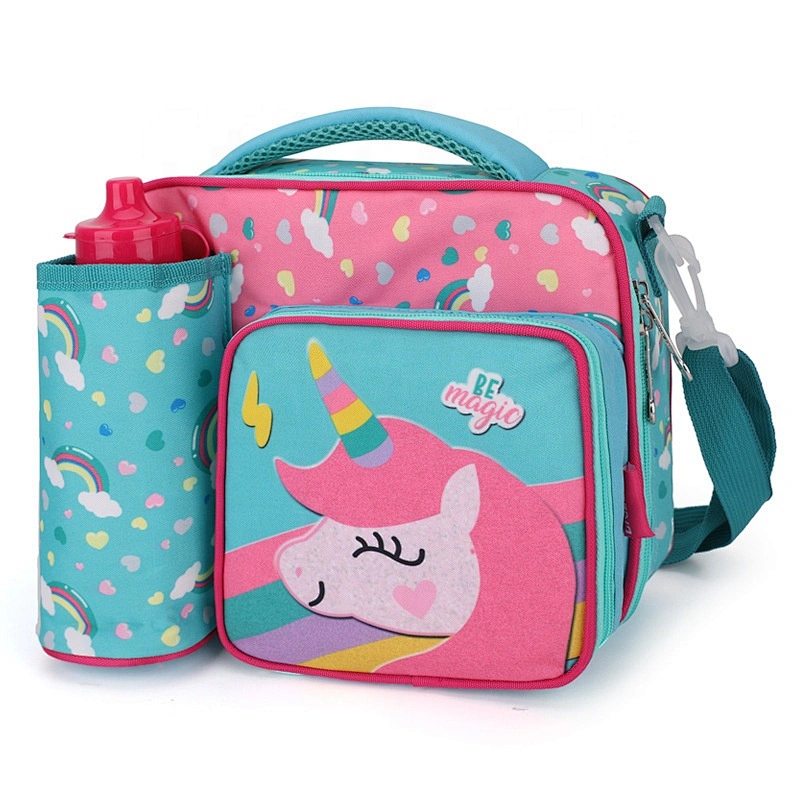 New design waterproof full printing glitter two layers U shape open top carry lunch bag for girls picnic cooler bags