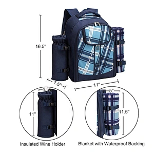 Picnic Backpack Cooler Bag for 2 Person with Cooler Compartment, Detachable Bottle Wine Holder Fleece Blanket Plates and Cutlery