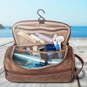 2Pcs/set PU Leather Vintage Luxury Cosmetic Bag Hanging Zipper Makeup Case Women Men Travel Toiletry Wash Makeup Bag