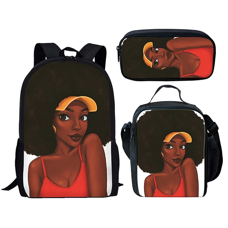 Low MOQ Custom Polyester Schoolbags African Black Girl Africa American Art Design Bag School Backpack School Bag Set