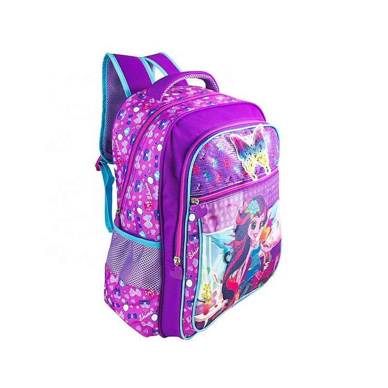 Popular factory high quality student backpack golden backpack leather children school bags for girls kids with fantasy fabric