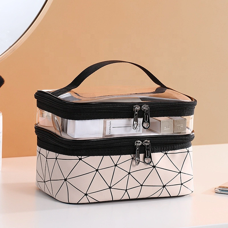 Water-resistant Double Layer Clear Geometric diamond lattice Toiletry Cosmetic Bag Heavy Duty Large Travel Makeup Bag for Women