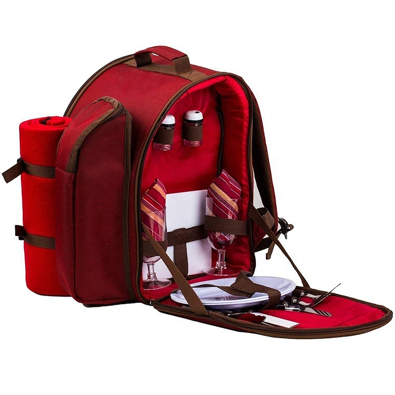 2 Person Red Picnic Backpack with Cooler Compartment Big Capacity Insulated Cooler Backpack Bottle Wine Bag for Lunch Picnic