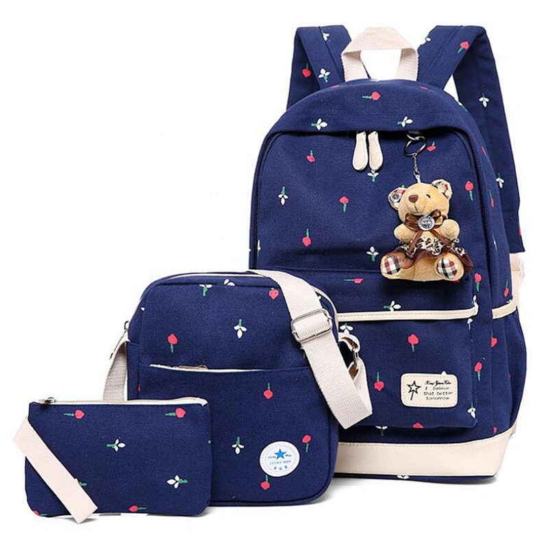 2020 Hot sale 3 Pieces set Cute cartoon Bear Student shoulders bag back to school bags polyester kids backpack set for girls