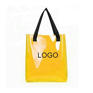 Custom Reusable ladies shopping shoulder bag logo print Big jelly clear pvc summer beach bag tote transparent with long handle