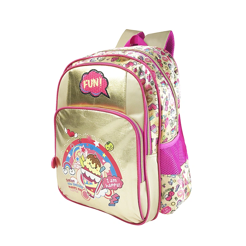 Popular factory high quality student backpack golden backpack leather children school bags for girls kids with fantasy fabric