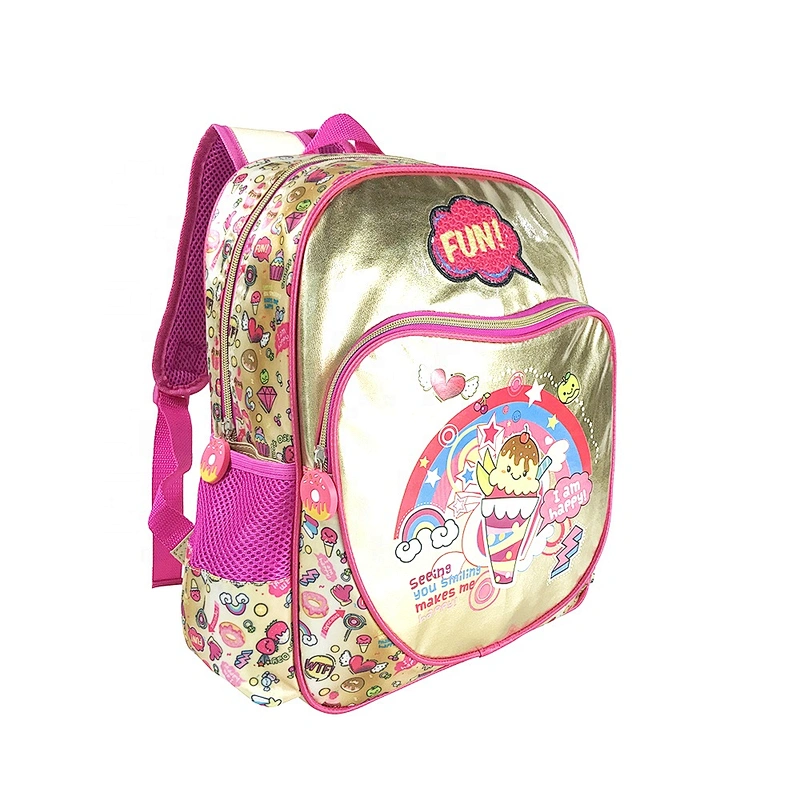 Popular factory high quality student backpack golden backpack leather children school bags for girls kids with fantasy fabric